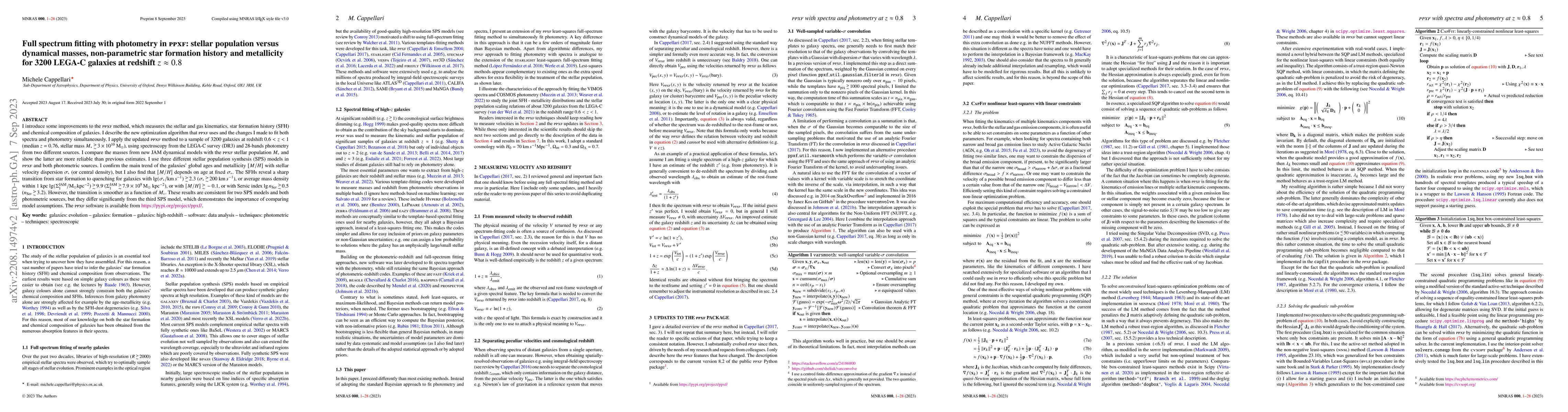 Thumbnail for Full spectrum fitting with photometry in pPXF: stellar population versus
  dynamical masses, non-parametric star formation history and metallicity for
  3200 LEGA-C galaxies at redshift z~0.8
