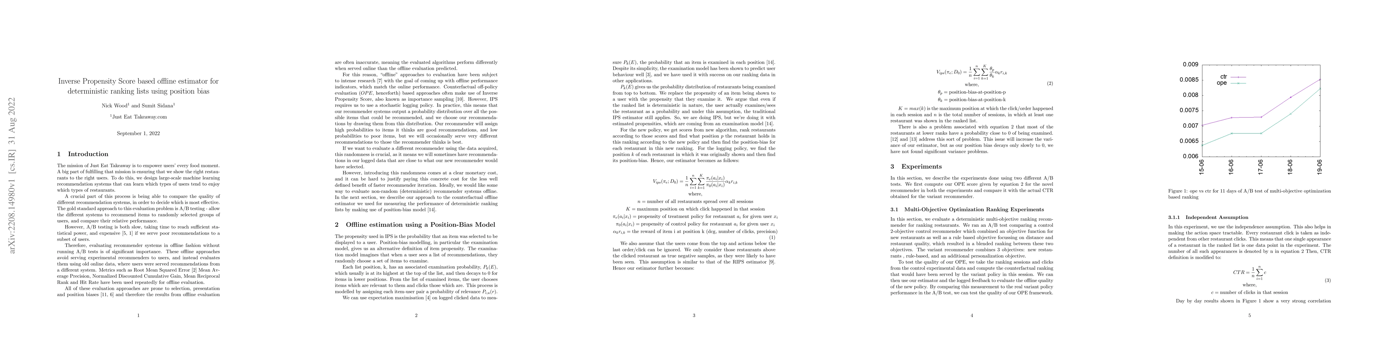 Thumbnail for Inverse Propensity Score based offline estimator for deterministic
  ranking lists using position bias