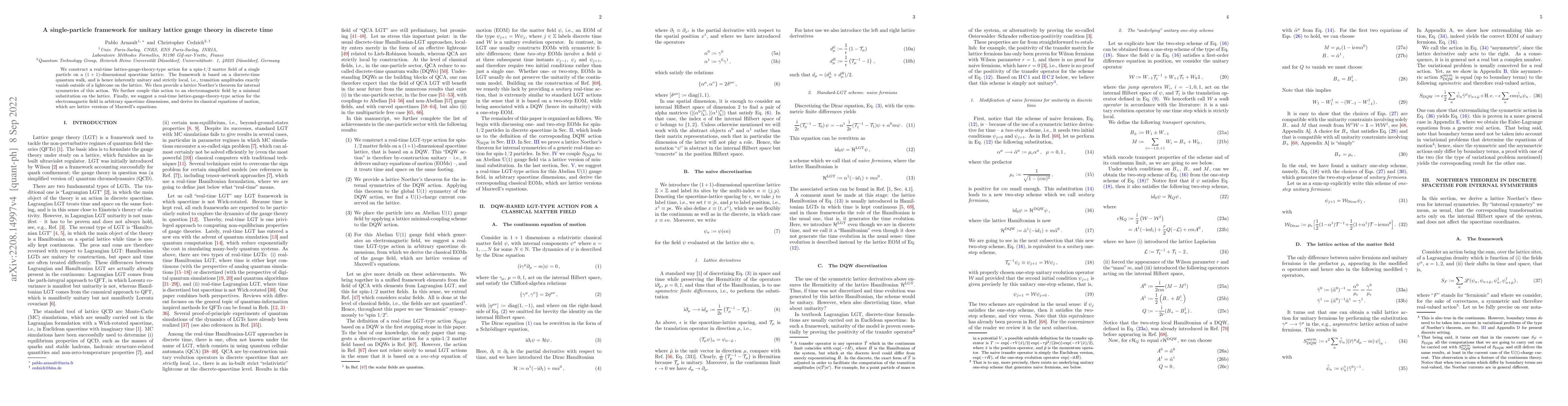 Thumbnail for A single-particle framework for unitary lattice gauge theory in discrete
  time