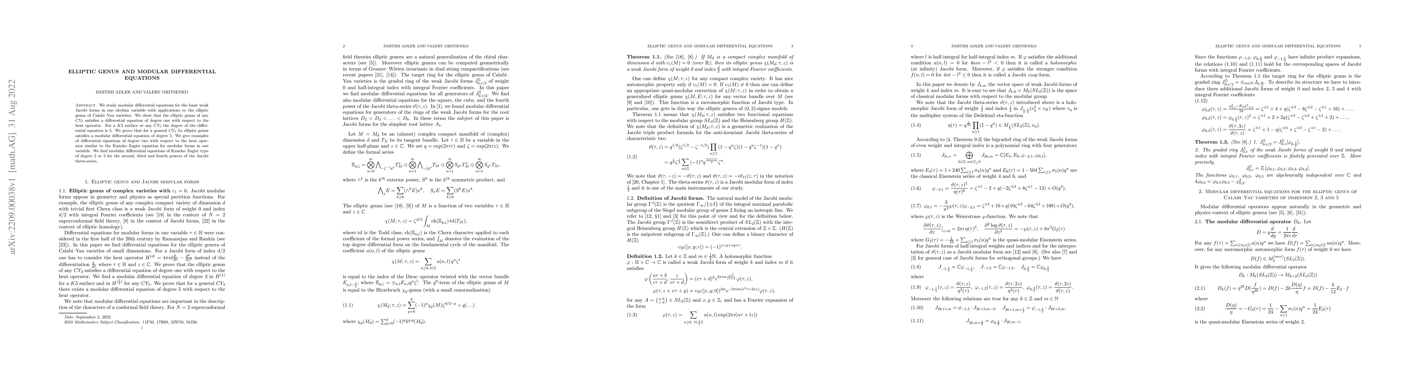 Thumbnail for Elliptic genus and modular differential equations