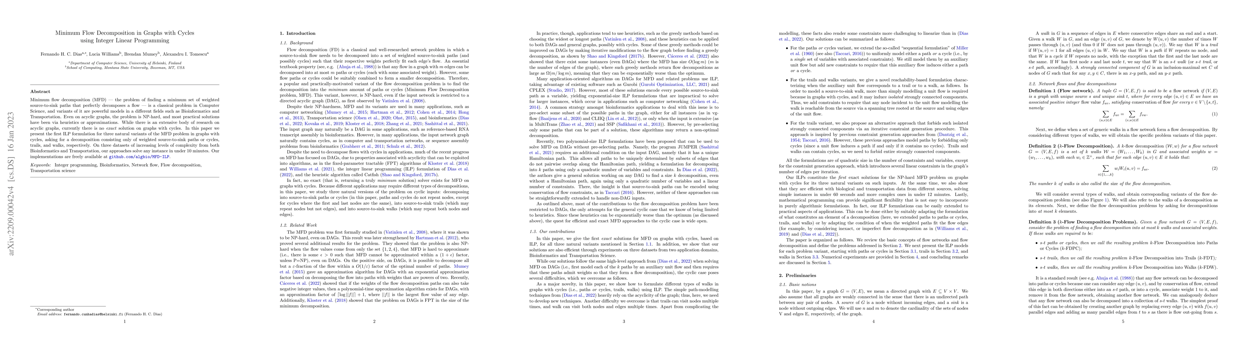 Thumbnail for Minimum Flow Decomposition in Graphs with Cycles using Integer Linear
  Programming