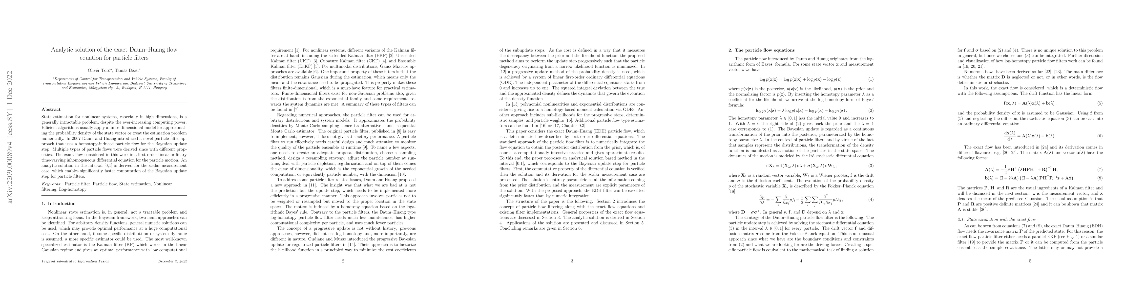Thumbnail for Analytic solution of the exact Daum-Huang flow equation for particle
  filters