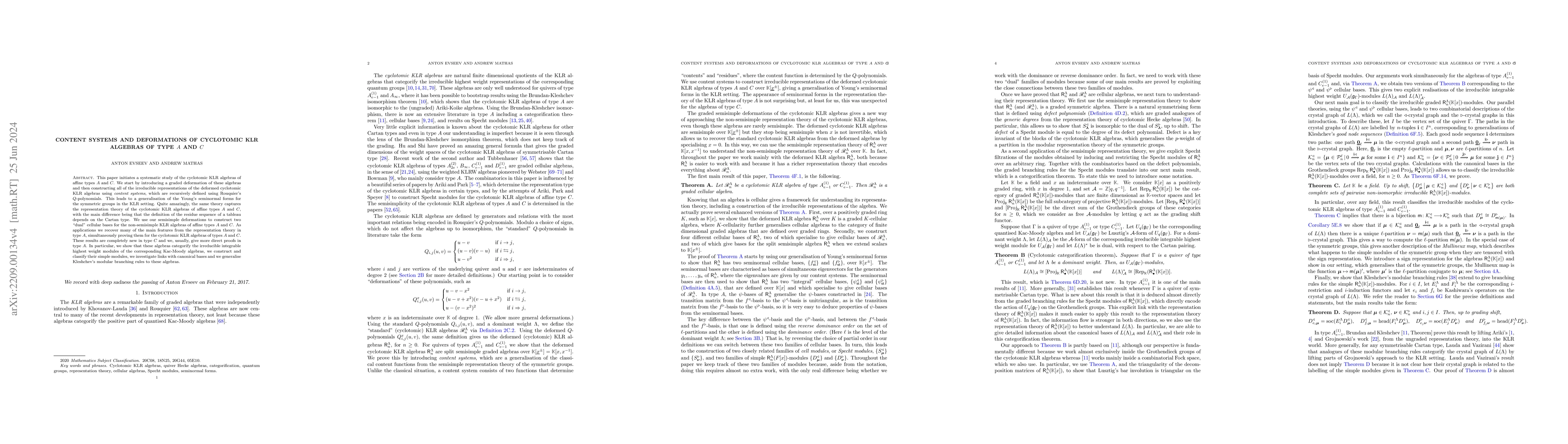 Thumbnail for Content systems and deformations of cyclotomic KLR algebras of type $A$
  and $C$