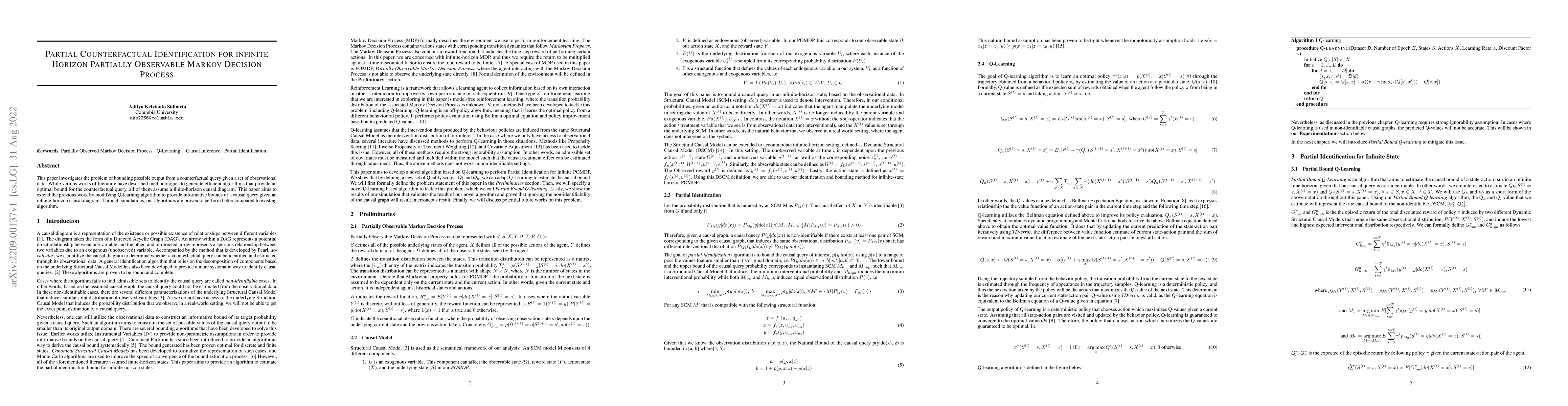 Thumbnail for Partial Counterfactual Identification for Infinite Horizon Partially
  Observable Markov Decision Process