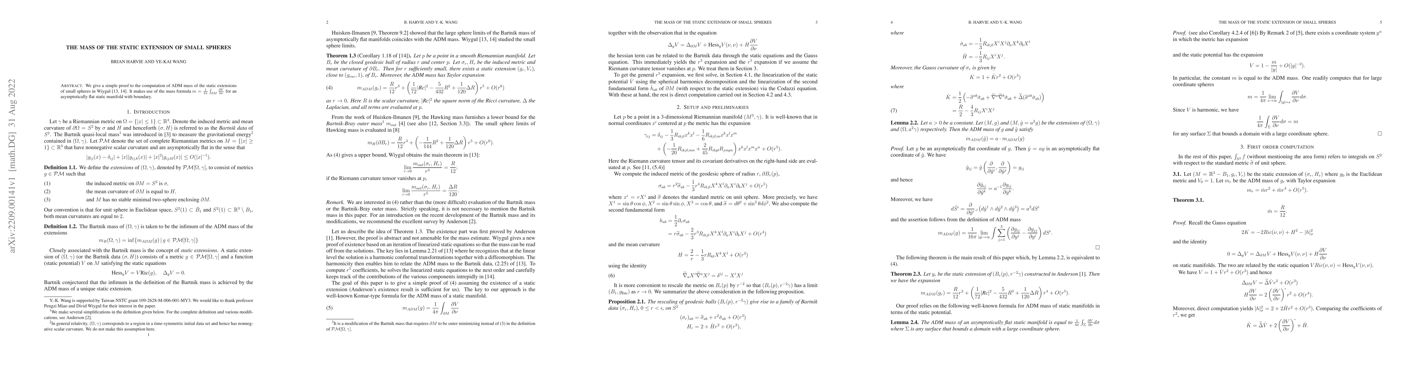 Thumbnail for The mass of the static extension of small spheres