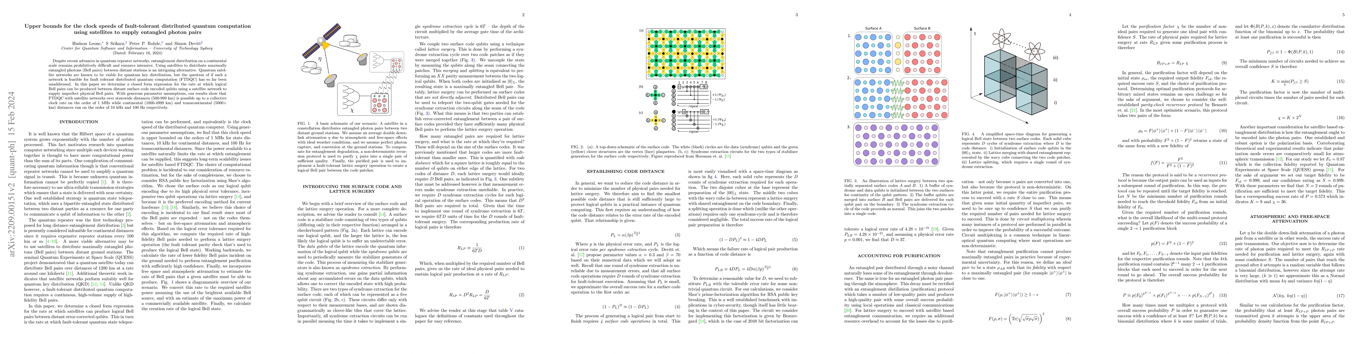 Thumbnail for Upper Bounds for the Clock Speeds of Fault-Tolerant Distributed Quantum
  Computation using Satellites to Supply Entangled Photon Pairs