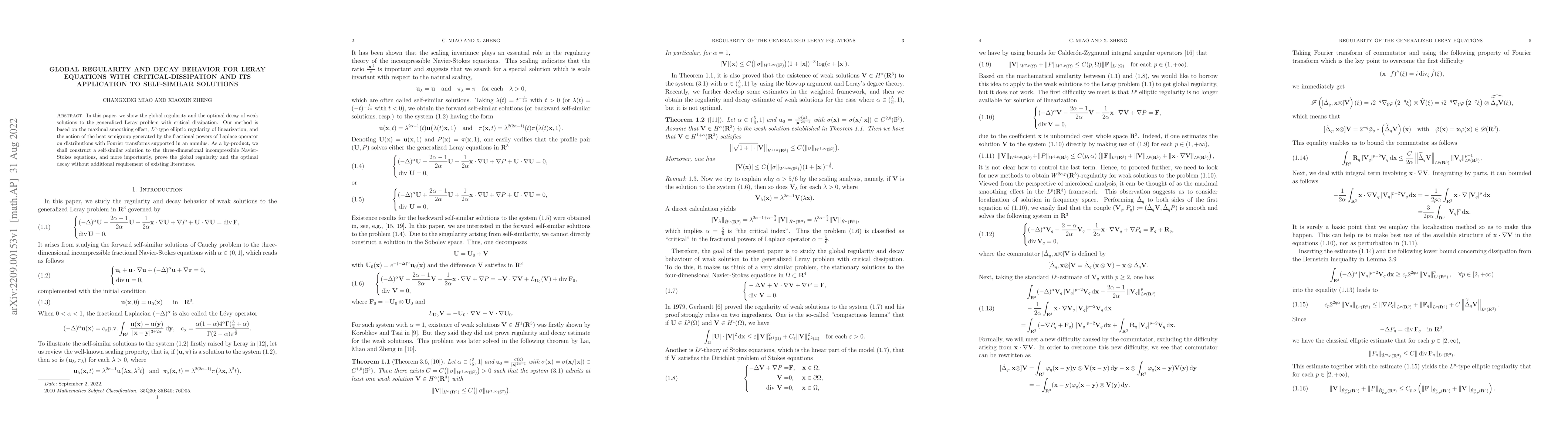 Thumbnail for Global regularity and decay behavior for Leray equations with
  critical-dissipation and Its Application to Self-similar Solutions