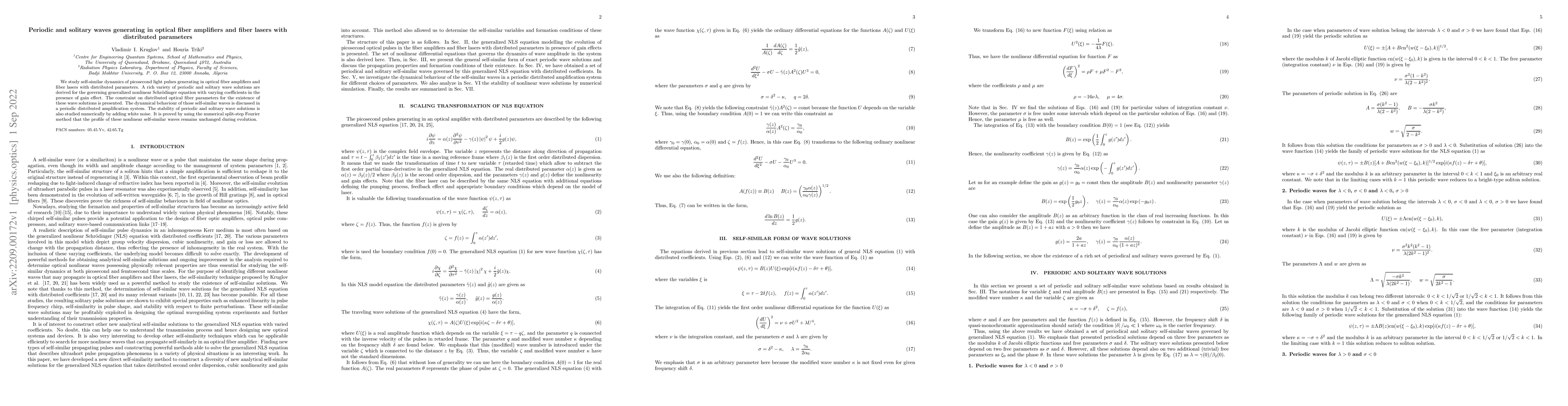 Thumbnail for Periodic and solitary waves generating in optical fiber amplifiers and
  fiber lasers with distributed parameters