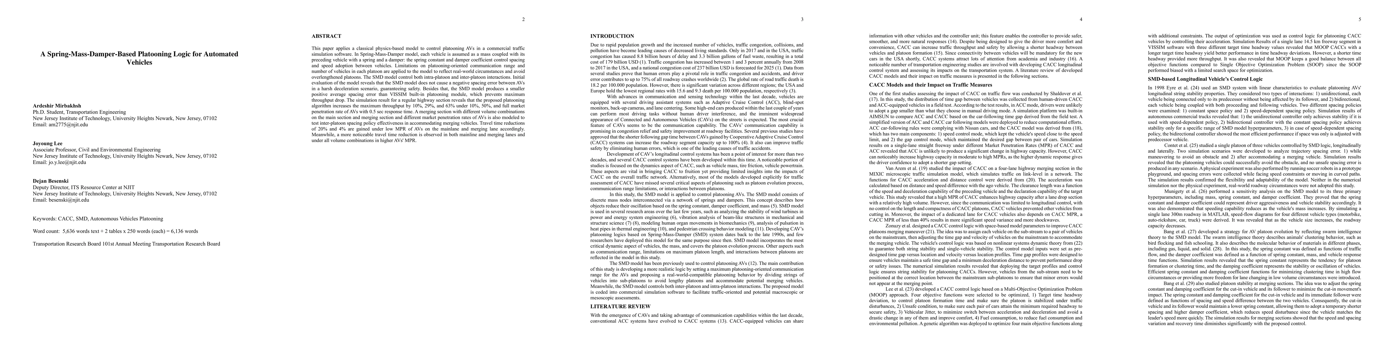 Thumbnail for A Spring-Mass-Damper-Based Platooning Logic for Automated Vehicles