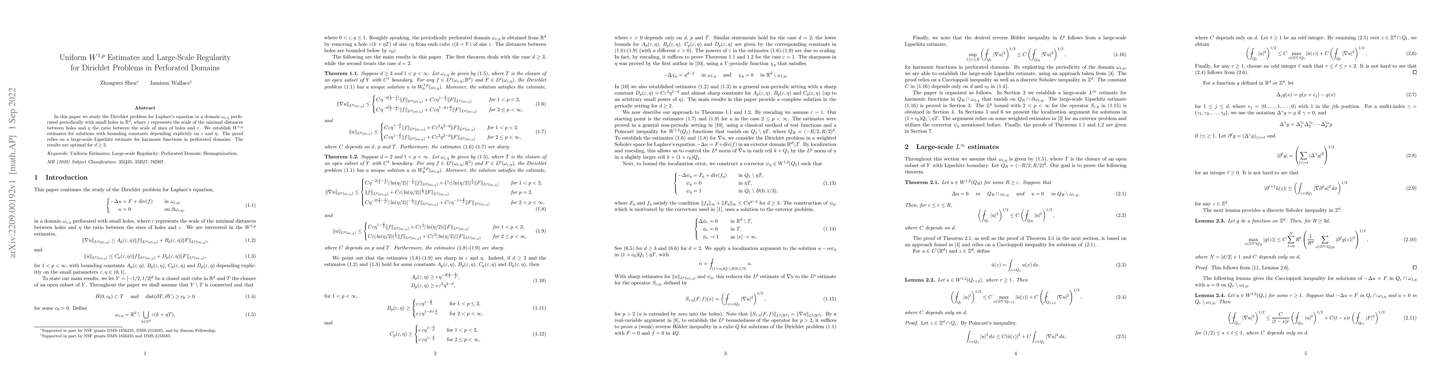 Thumbnail for Uniform $W^{1, p}$ Estimates and Large-Scale Regularity for Dirichlet
  Problems in Perforated Domains