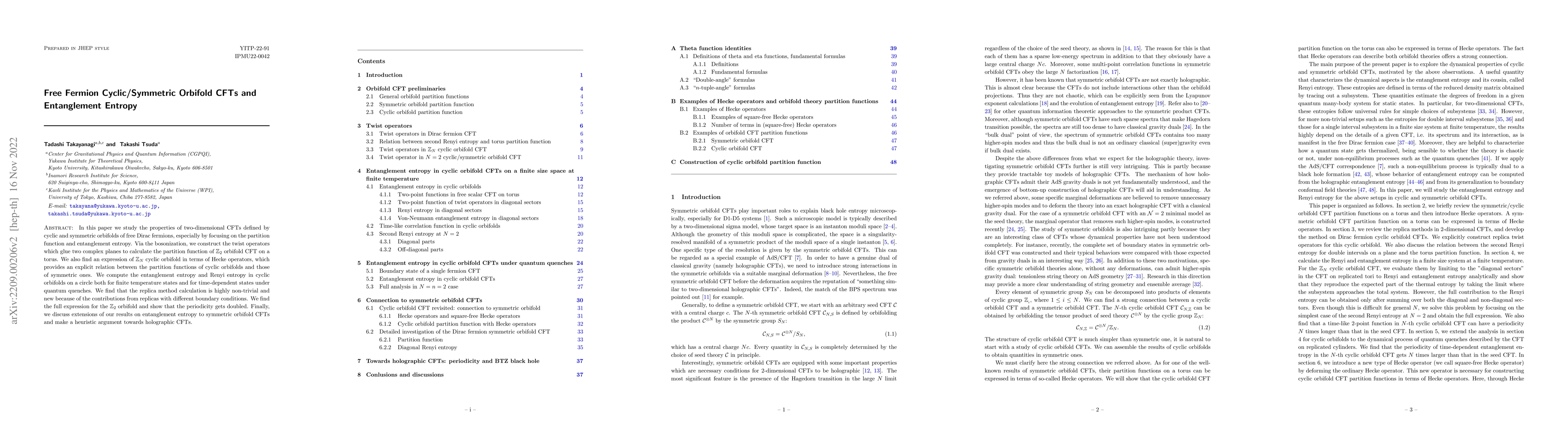 Thumbnail for Free Fermion Cyclic/Symmetric Orbifold CFTs and Entanglement Entropy