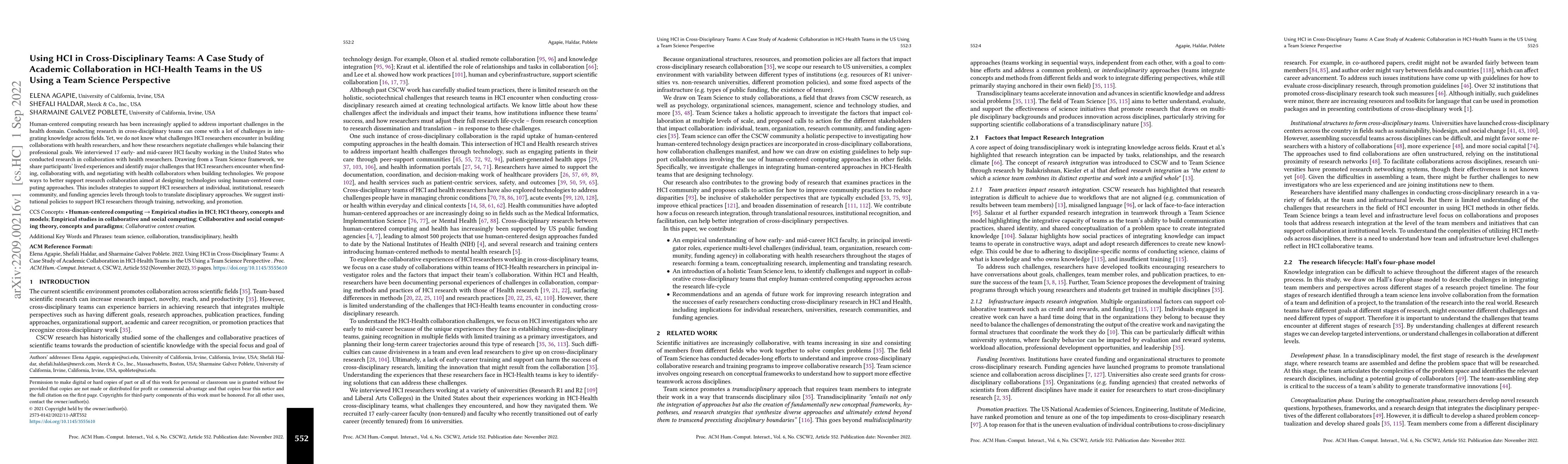 Thumbnail for Using HCI in Cross-Disciplinary Teams: A Case Study of Academic
  Collaboration in HCI-Health Teams in the US Using a Team Science Perspective