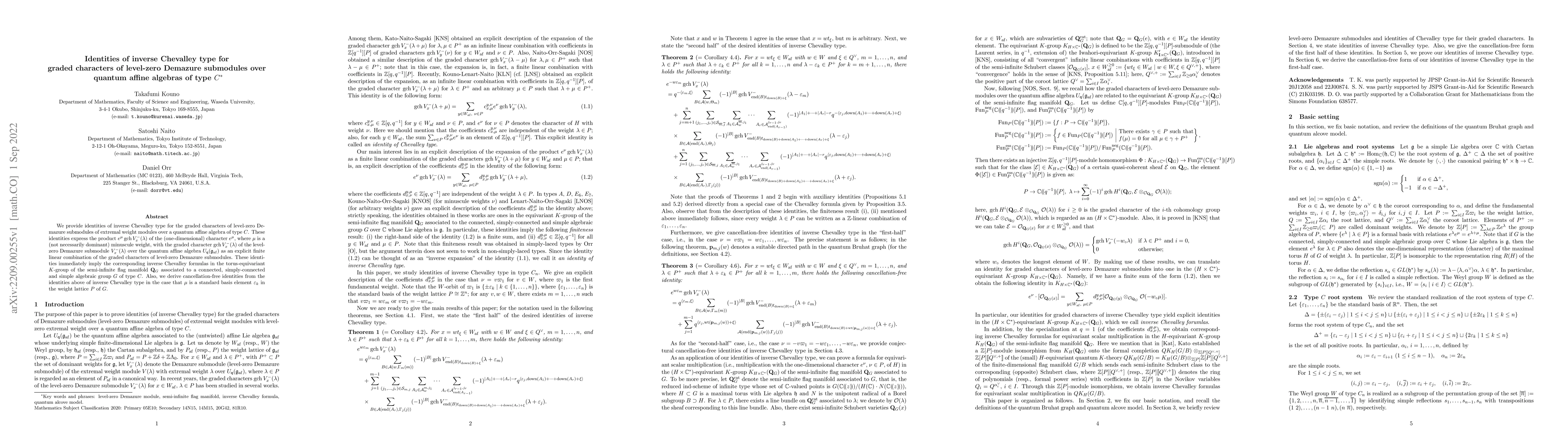 Thumbnail for Identities of inverse Chevalley type for graded characters of level-zero
  Demazure submodules over quantum affine algebras of type C