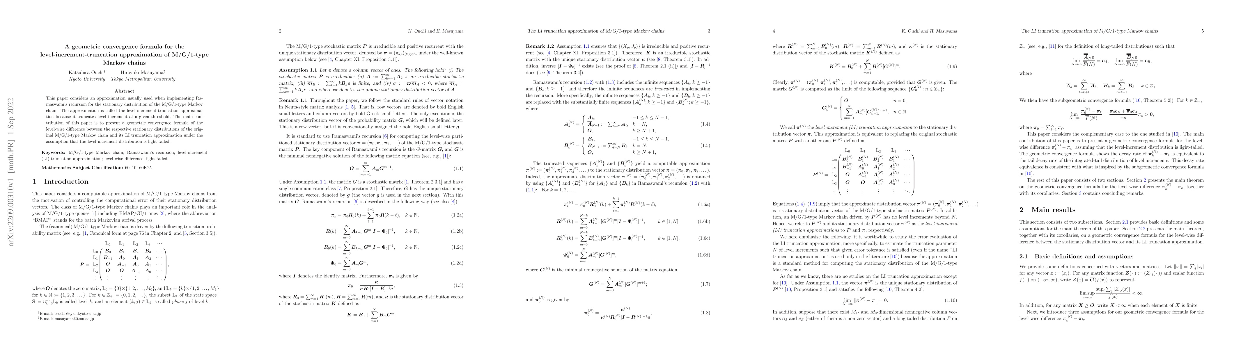 Thumbnail for A geometric convergence formula for the level-increment-truncation
  approximation of M/G/1-type Markov chains