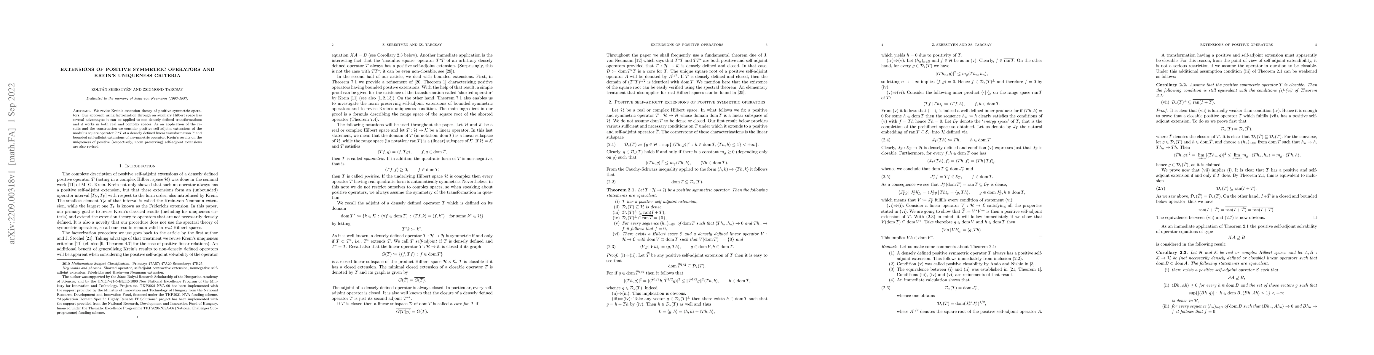 Thumbnail for Extensions of positive symmetric operators and Krein's uniqueness
  criteria