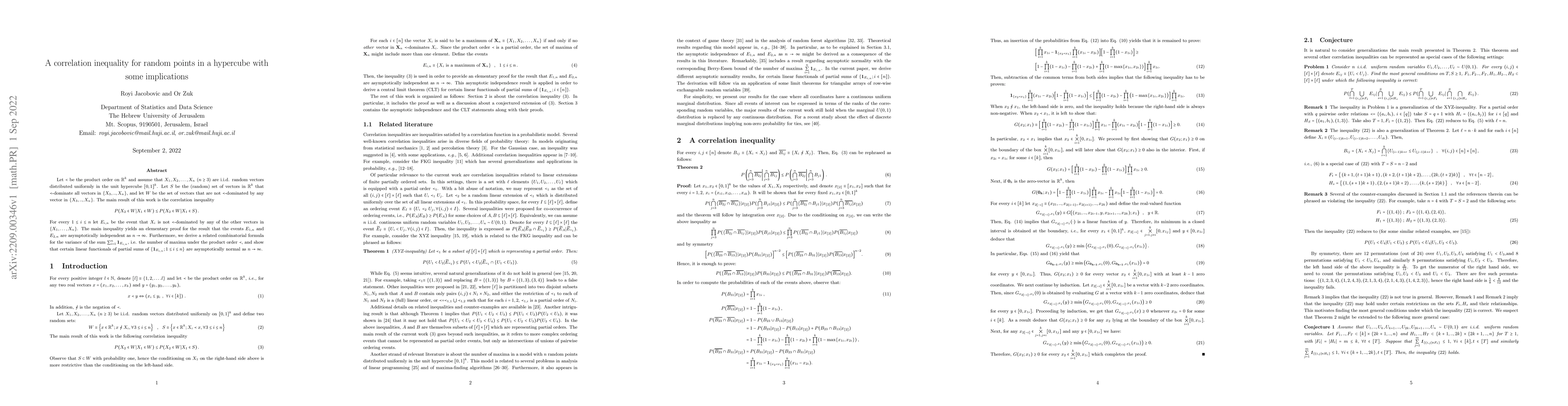 Thumbnail for A correlation inequality for random points in a hypercube with some
  implications