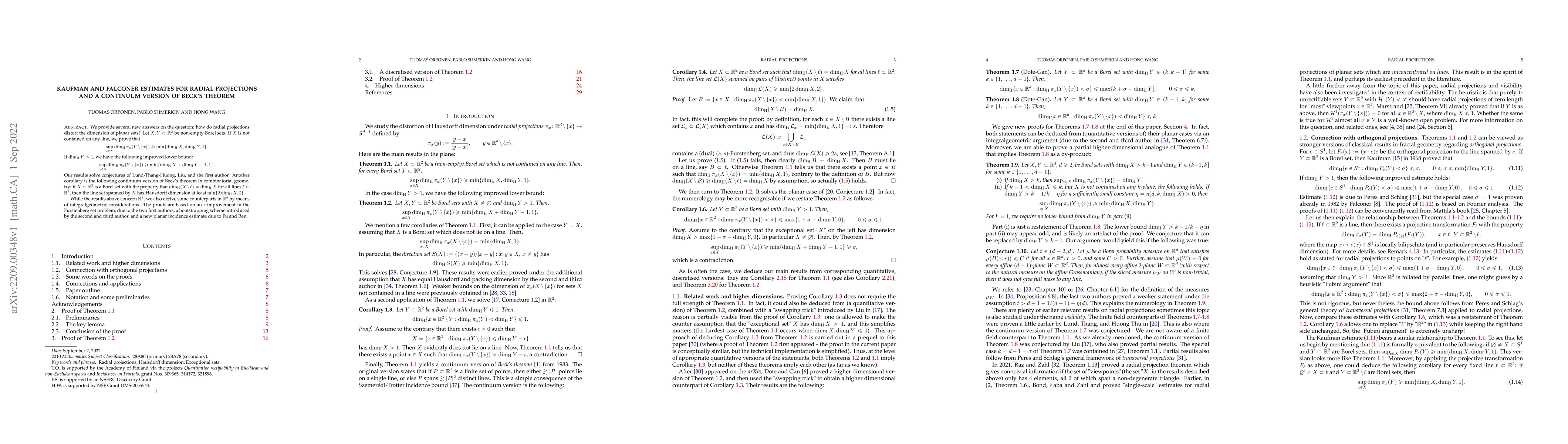 Thumbnail for Kaufman and Falconer estimates for radial projections and a continuum
  version of Beck's Theorem