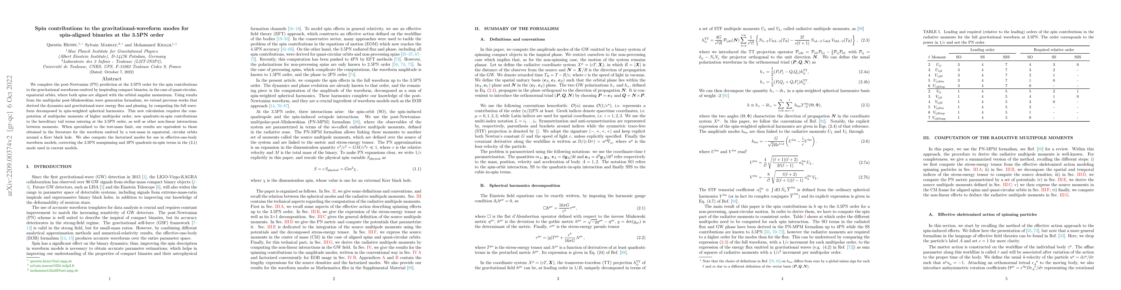 Thumbnail for Spin contributions to the gravitational-waveform modes for spin-aligned
  binaries at the 3.5PN order