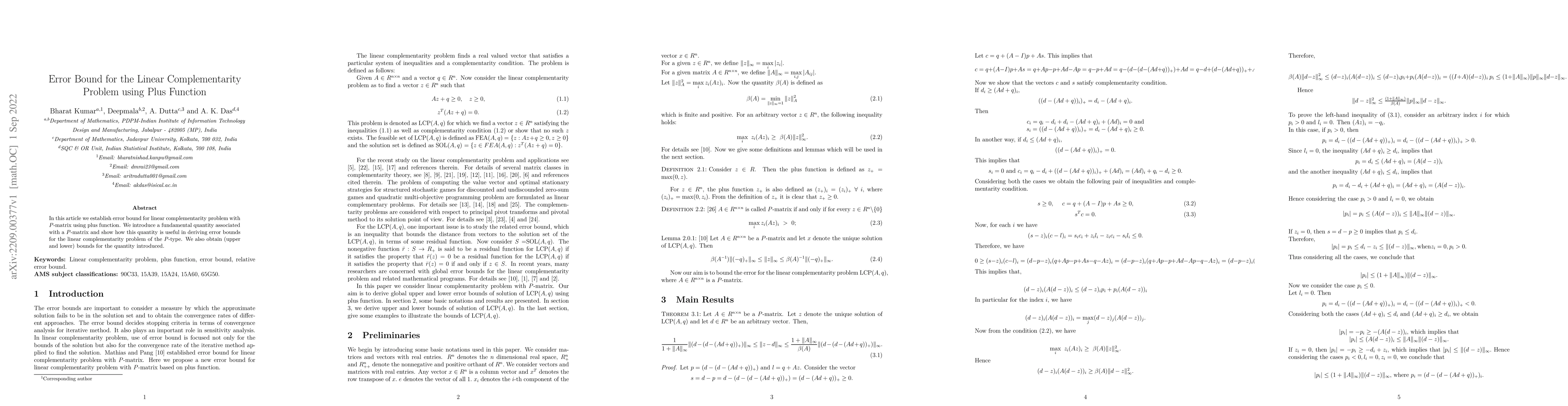 Thumbnail for Error Bound for the Linear Complementarity Problem using Plus Function