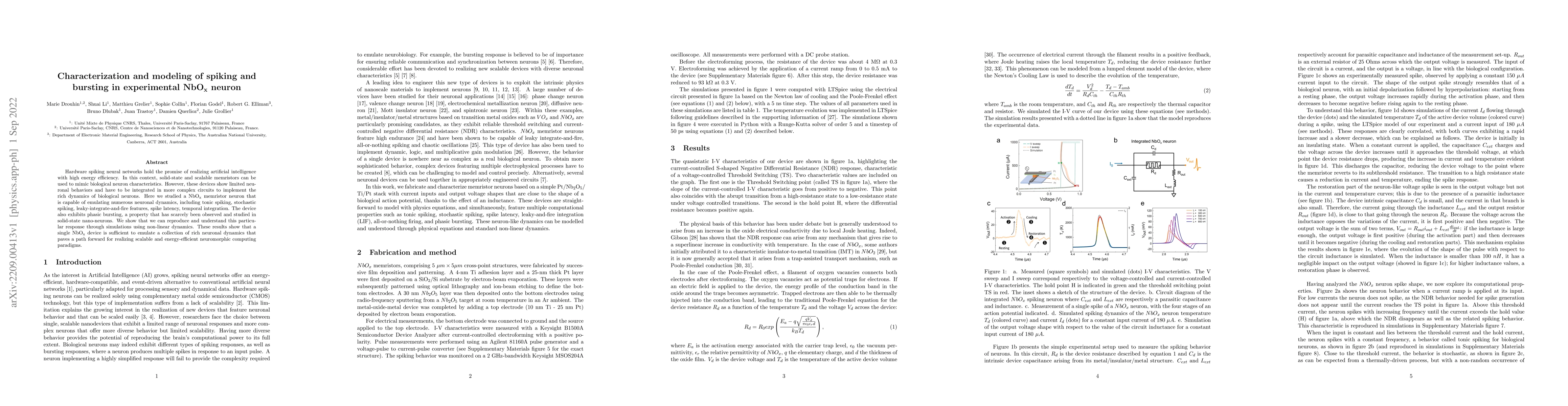 Thumbnail for Characterization and modeling of spiking and bursting in experimental
  NbOx neuron