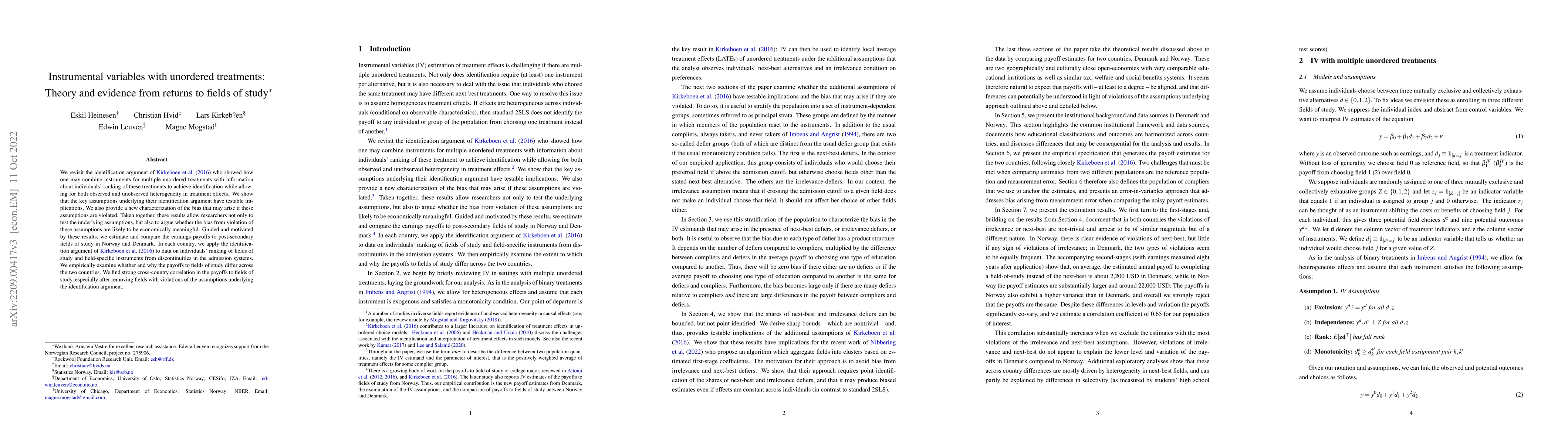 Thumbnail for Instrumental variables with unordered treatments: Theory and evidence
  from returns to fields of study