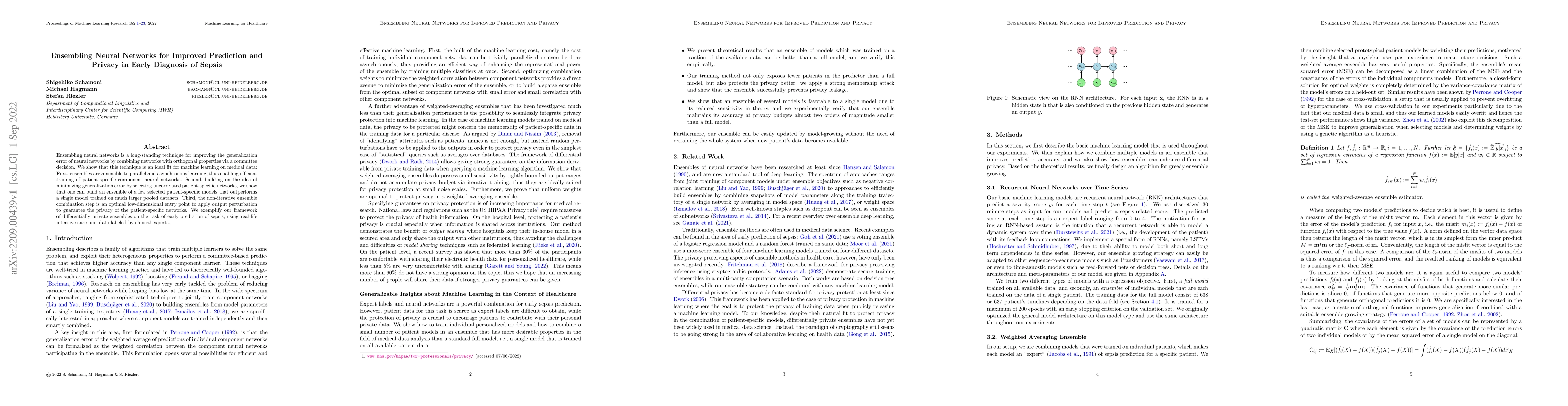 Thumbnail for Ensembling Neural Networks for Improved Prediction and Privacy in Early
  Diagnosis of Sepsis