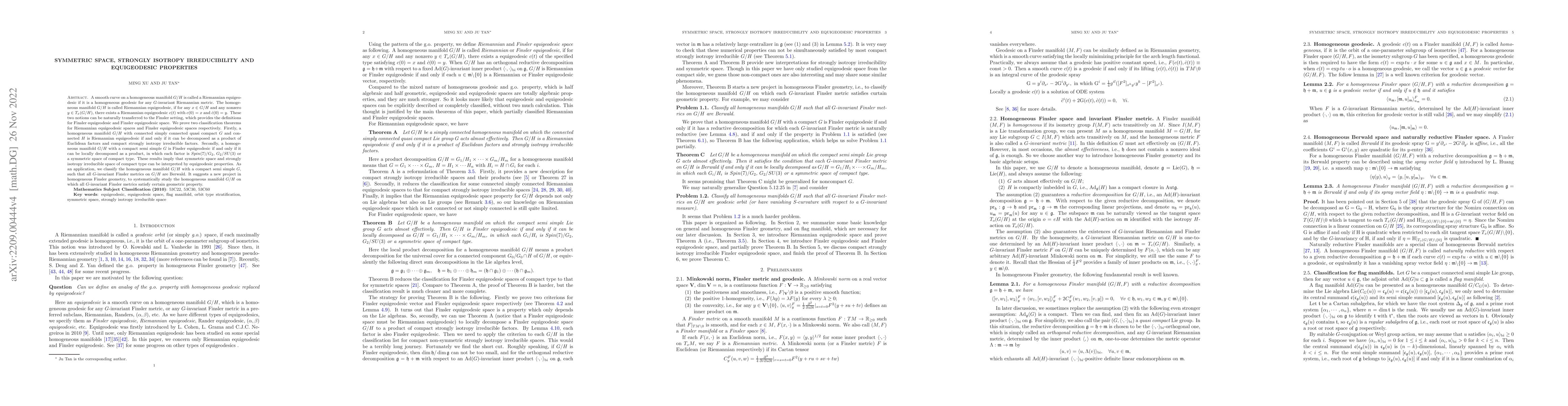 Thumbnail for Symmetric space, strongly isotropy irreducibility and equigeodesic
  properties