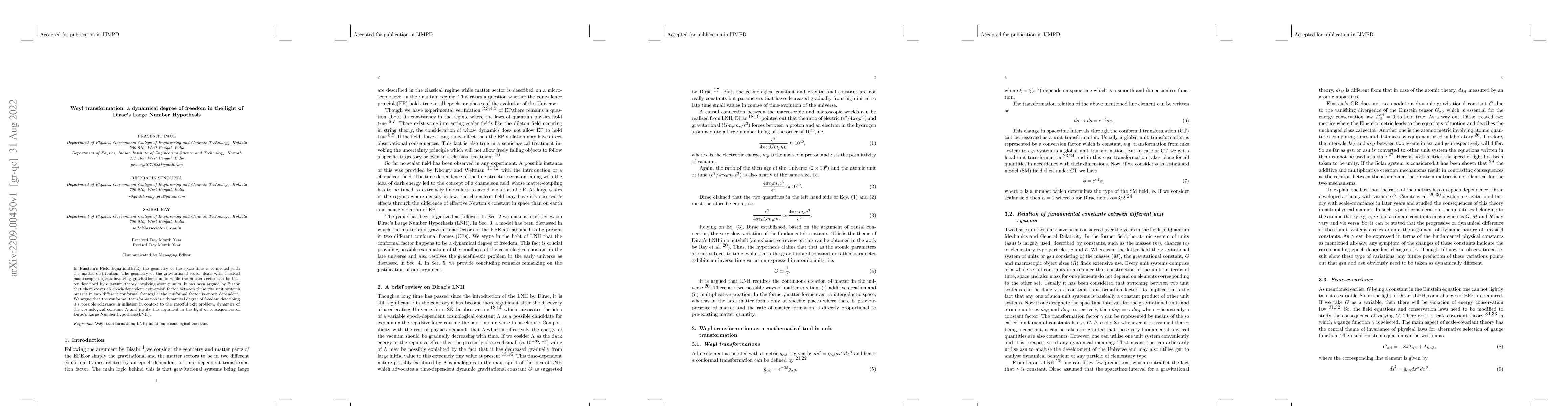 Thumbnail for Weyl transformation: a dynamical degree of freedom in the light of
  Dirac's Large Number Hypothesis