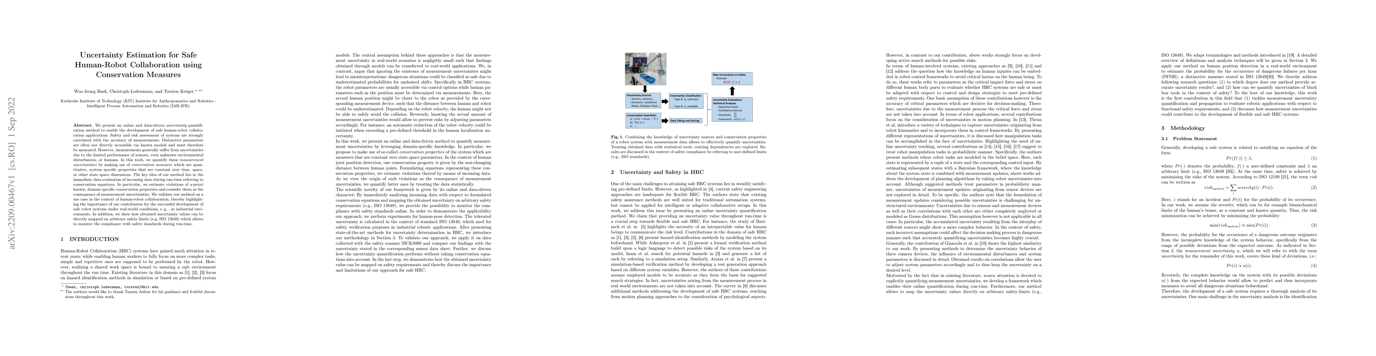 Thumbnail for Uncertainty Estimation for Safe Human-Robot Collaboration using
  Conservation Measures