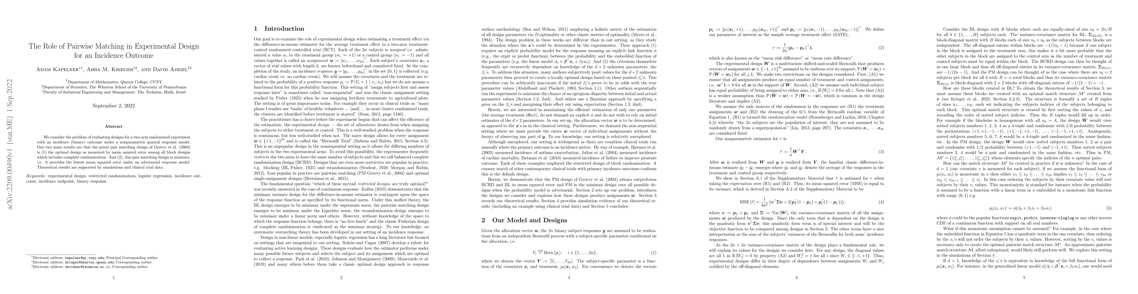 Thumbnail for The Role of Pairwise Matching in Experimental Design for an Incidence
  Outcome
