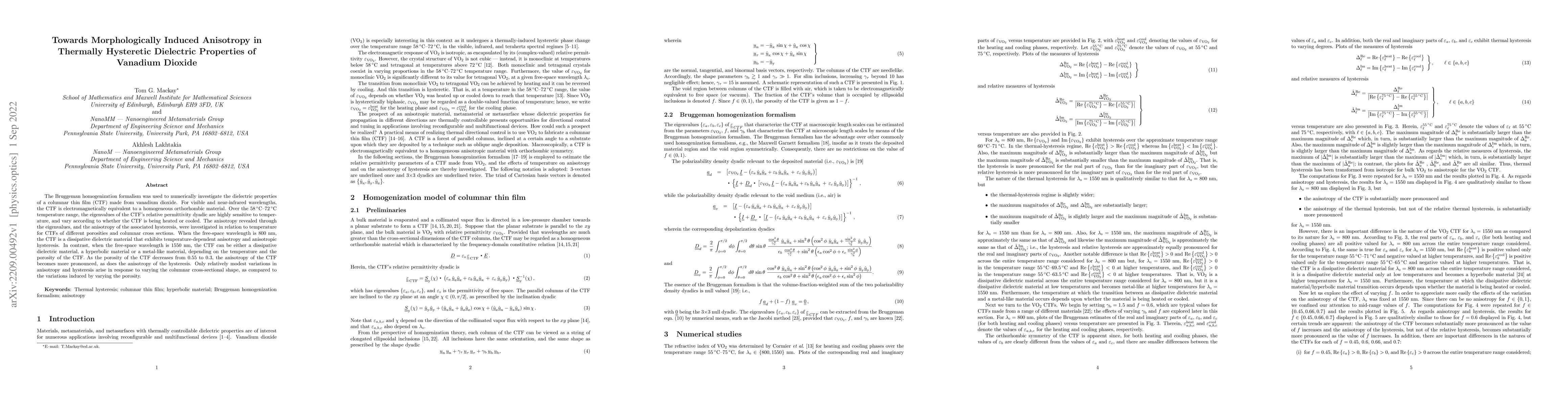 Thumbnail for Towards Morphologically Induced Anisotropy in Thermally Hysteretic
  Dielectric Properties of Vanadium Dioxide