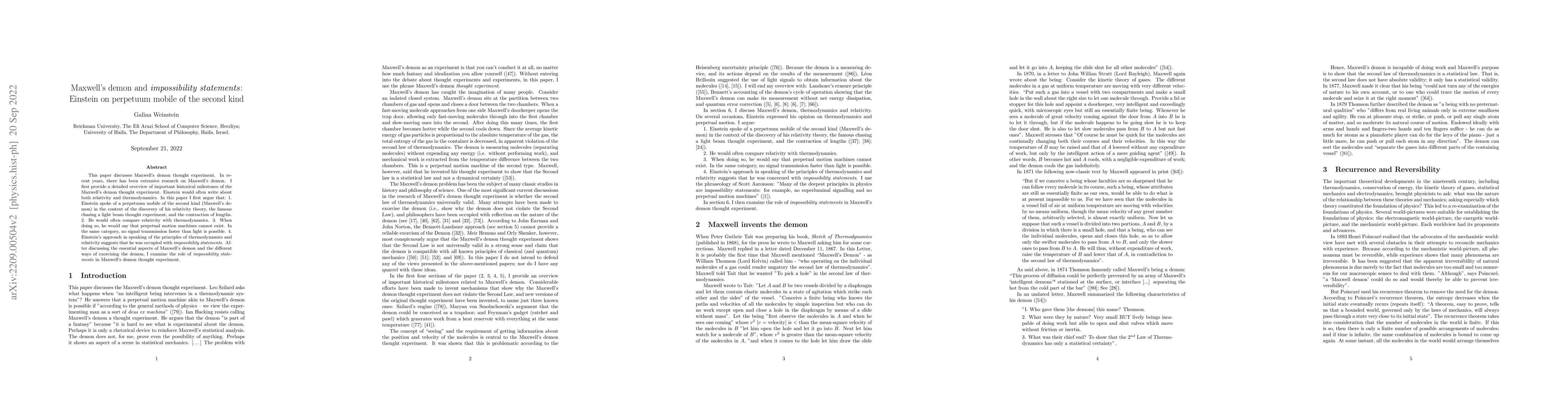Thumbnail for Maxwell's demon and impossibility statements: Einstein on perpetuum
  mobile of the second kind