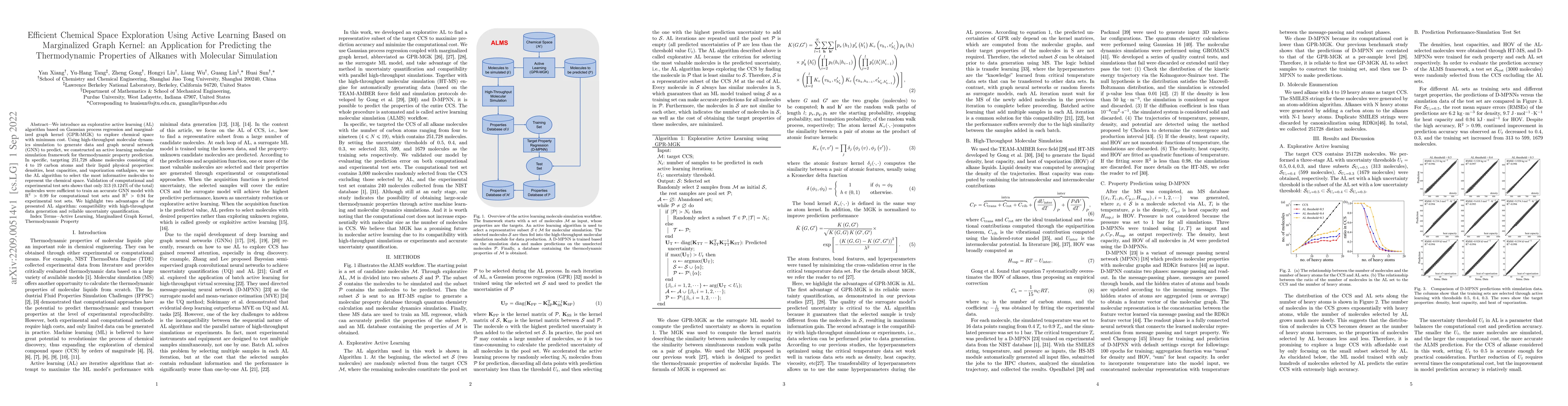 Thumbnail for Efficient Chemical Space Exploration Using Active Learning Based on
  Marginalized Graph Kernel: an Application for Predicting the Thermodynamic
  Properties of Alkanes with Molecular Simulation