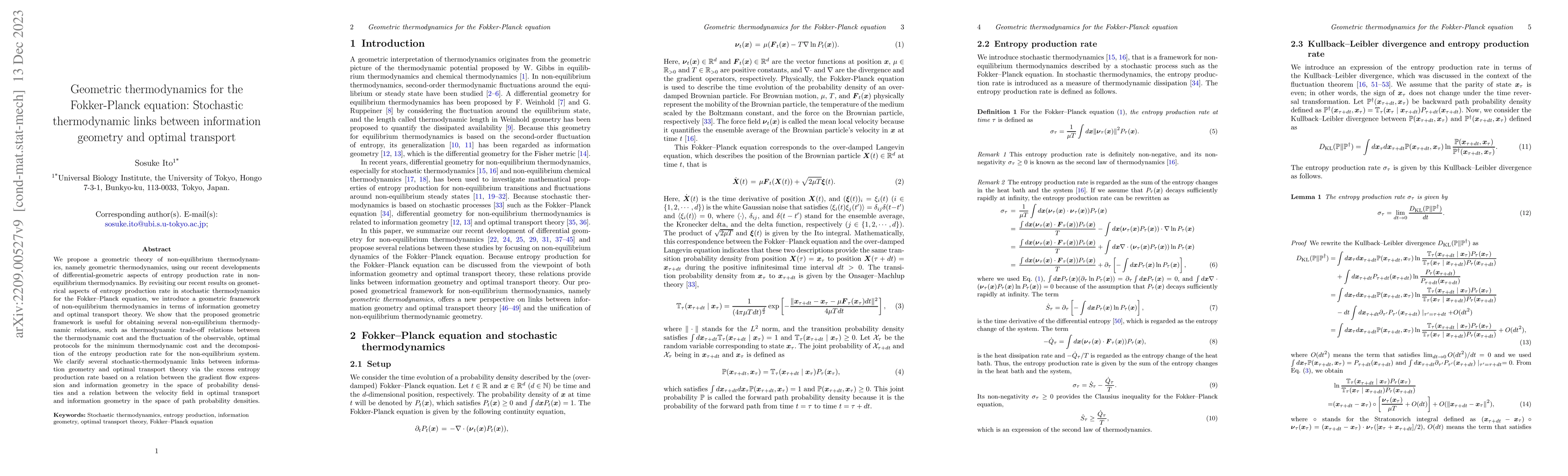 Thumbnail for Geometric thermodynamics for the Fokker-Planck equation: Stochastic
  thermodynamic links between information geometry and optimal transport