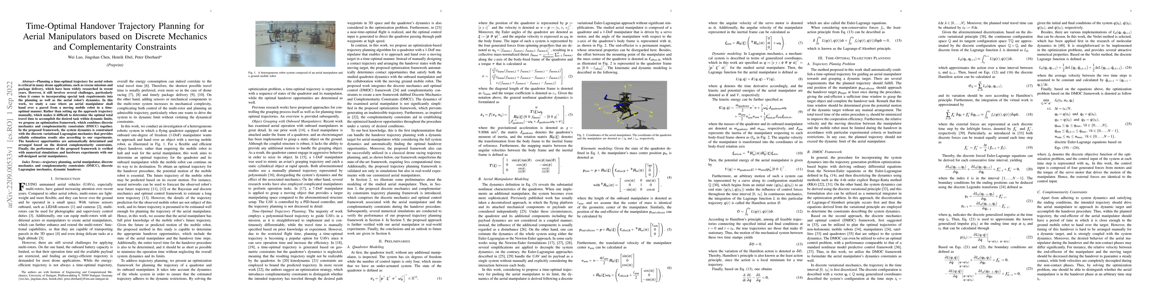 Thumbnail for Time-Optimal Handover Trajectory Planning for Aerial Manipulators based
  on Discrete Mechanics and Complementarity Constraints