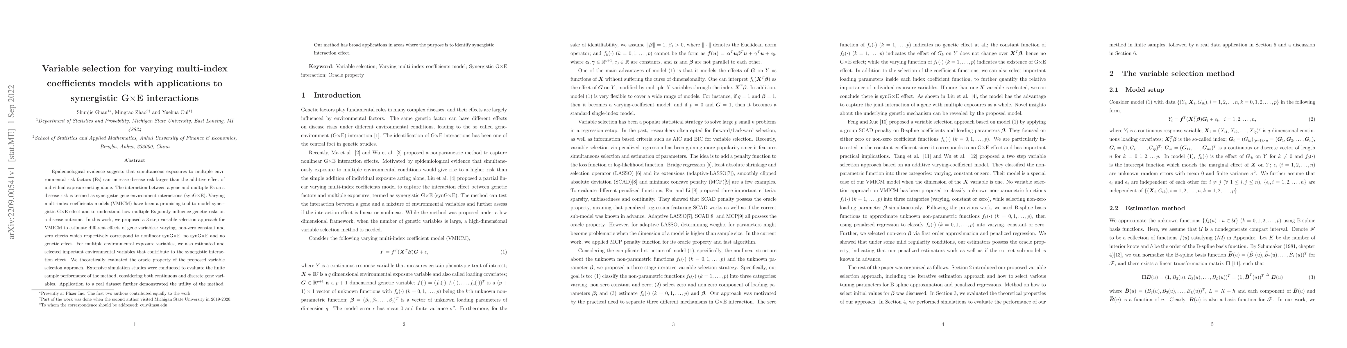 Thumbnail for Variable selection for varying multi-index coefficients models with
  applications to synergistic GxE interactions