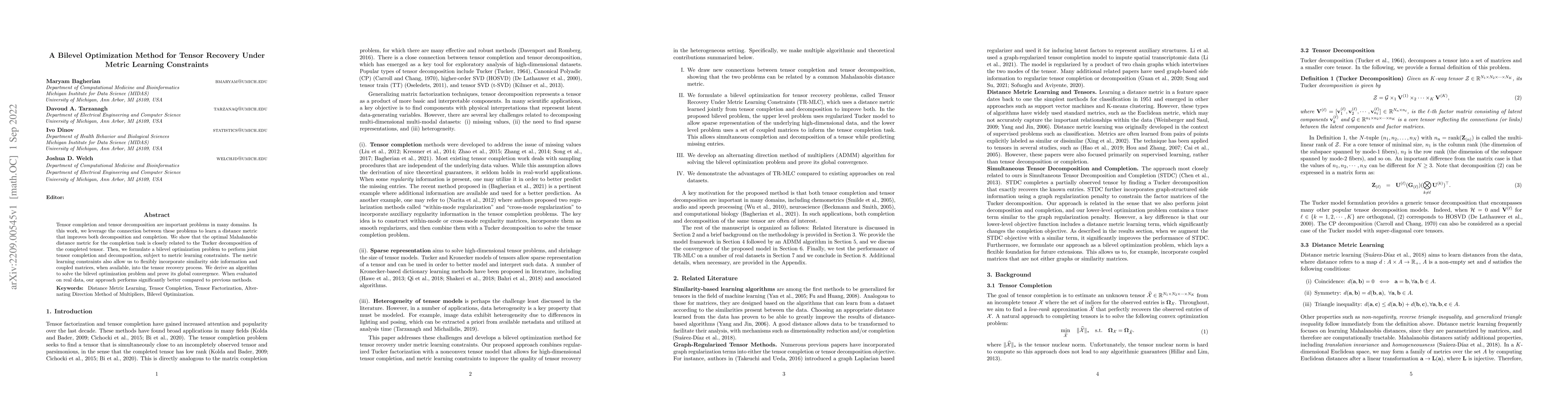 Thumbnail for A Bilevel Optimization Method for Tensor Recovery Under Metric Learning
  Constraints
