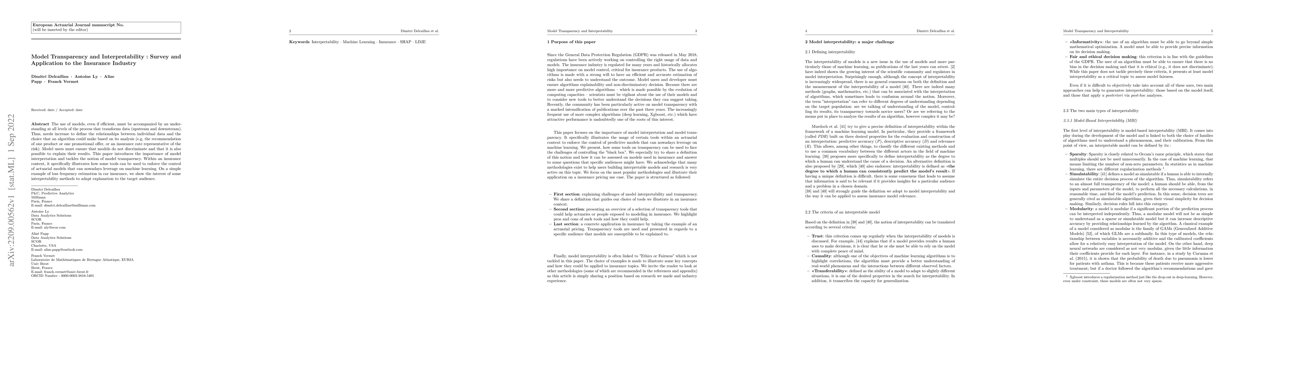 Thumbnail for Model Transparency and Interpretability : Survey and Application to the
  Insurance Industry