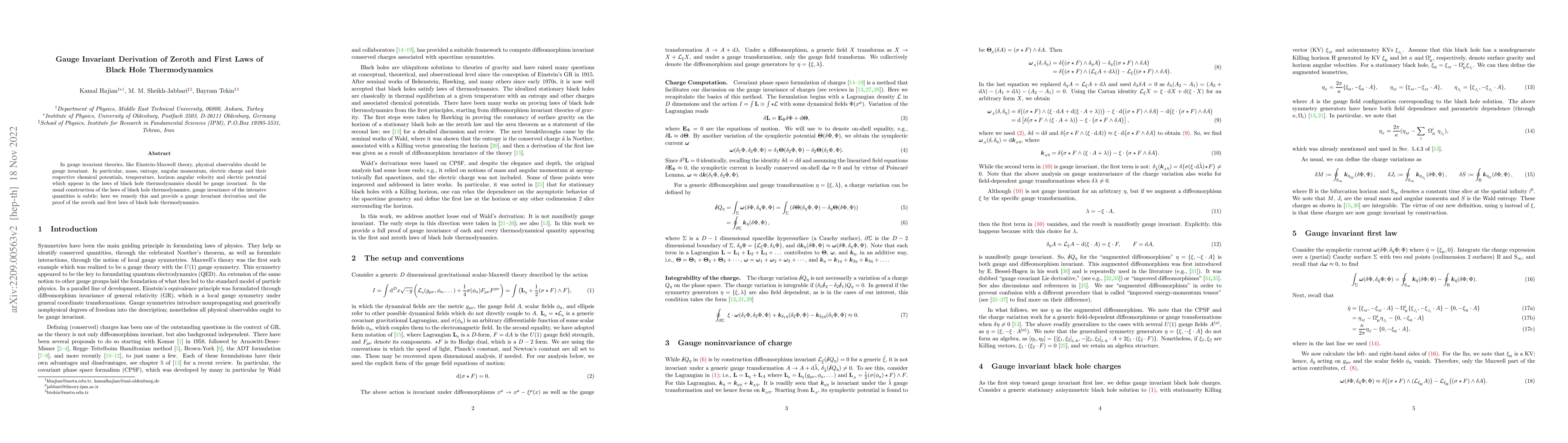 Thumbnail for Gauge Invariant Derivation of Zeroth and First Laws of Black Hole
  Thermodynamics