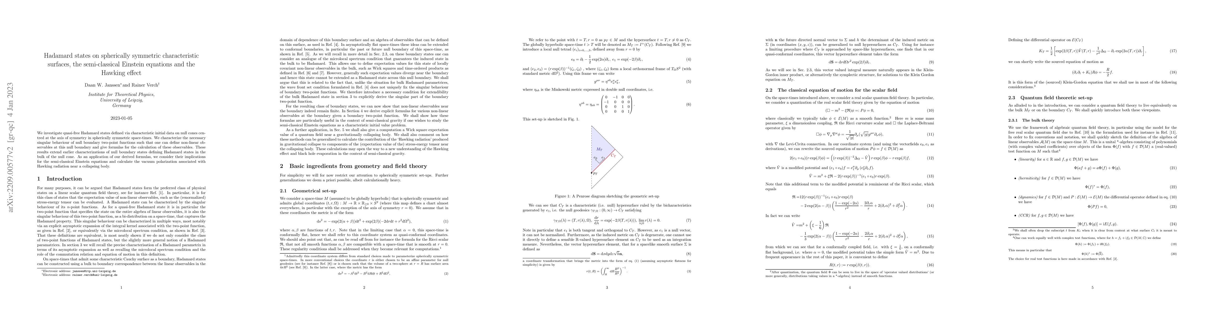 Thumbnail for Hadamard states on spherically symmetric characteristic surfaces, the
  semi-classical Einstein equations and the Hawking effect