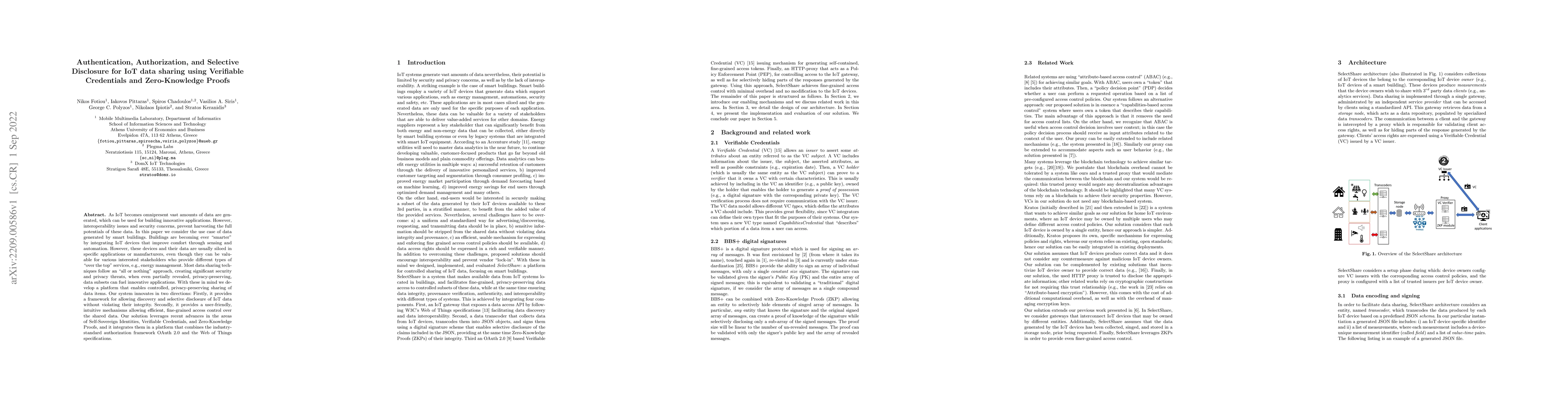Thumbnail for Authentication, Authorization, and Selective Disclosure for IoT data
  sharing using Verifiable Credentials and Zero-Knowledge Proofs