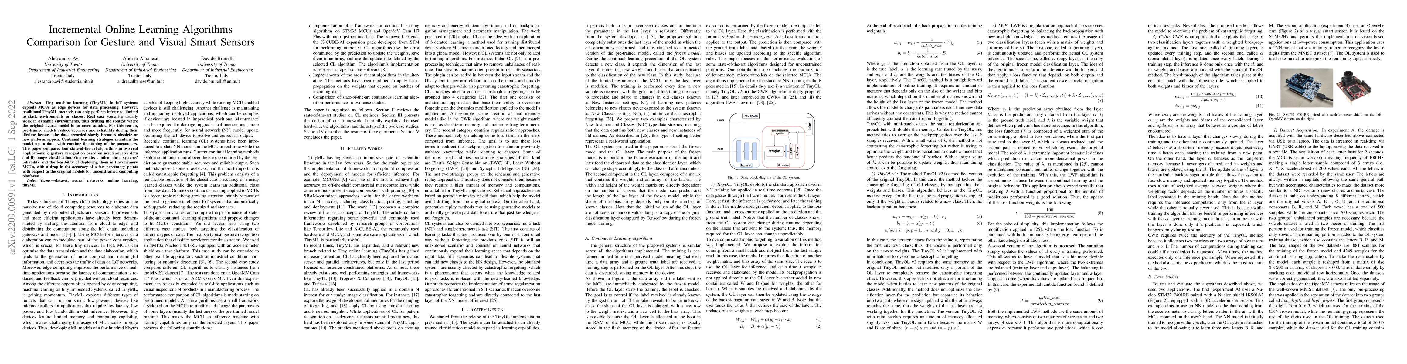 Thumbnail for Incremental Online Learning Algorithms Comparison for Gesture and Visual
  Smart Sensors