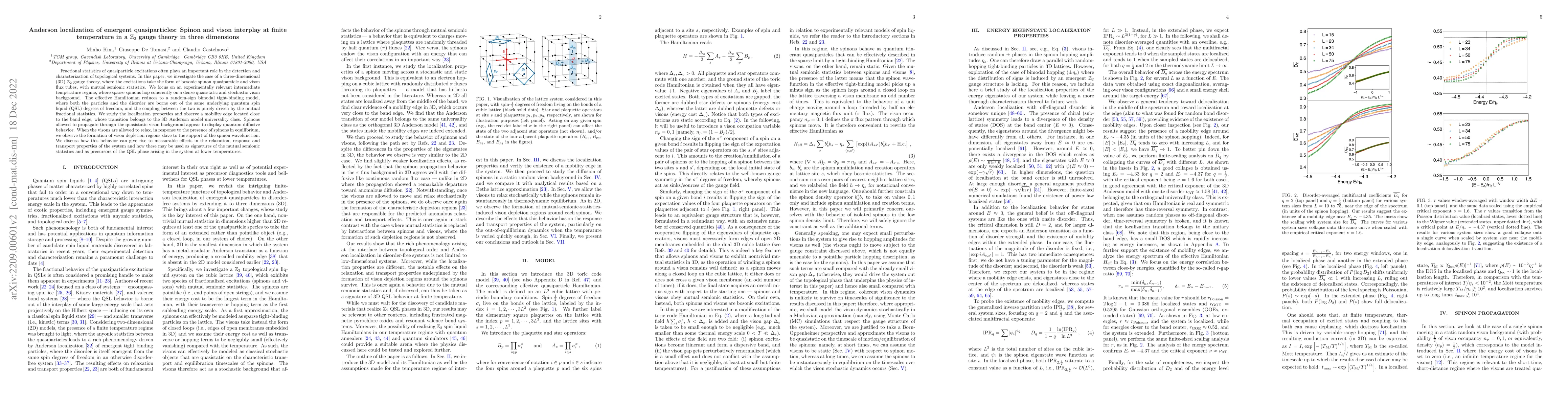 Thumbnail for Anderson localization of emergent quasiparticles: Spinon and vison
  interplay at finite temperature in a $\mathbb{Z}_2$ gauge theory in three
  dimensions