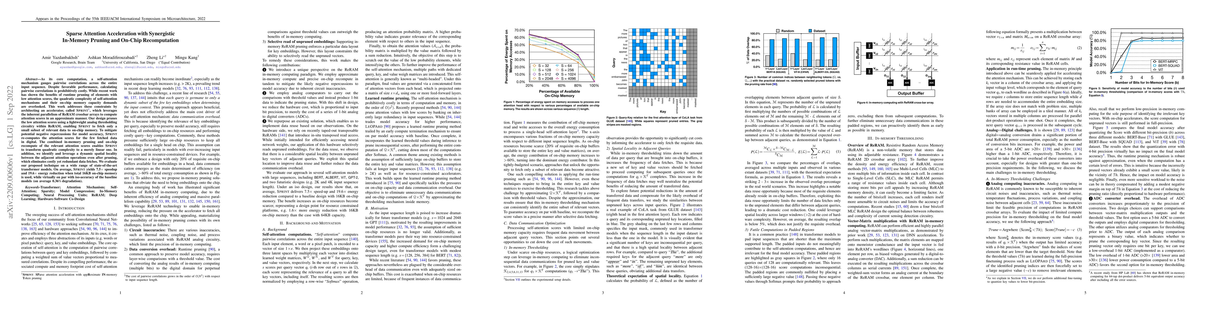 Thumbnail for Sparse Attention Acceleration with Synergistic In-Memory Pruning and
  On-Chip Recomputation