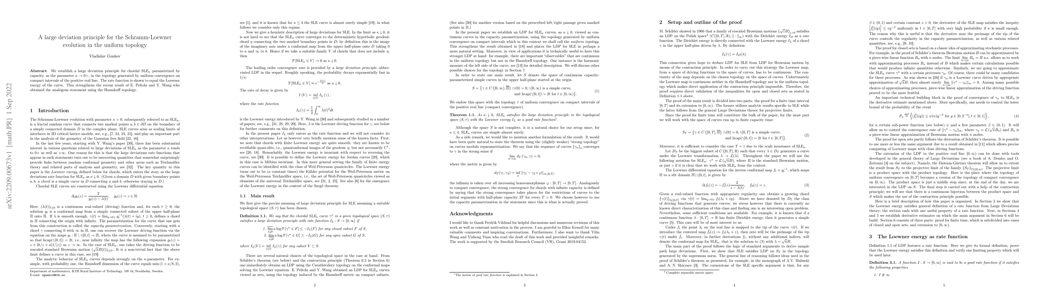 Thumbnail for A large deviation principle for the Schramm-Loewner evolution in the
  uniform topology
