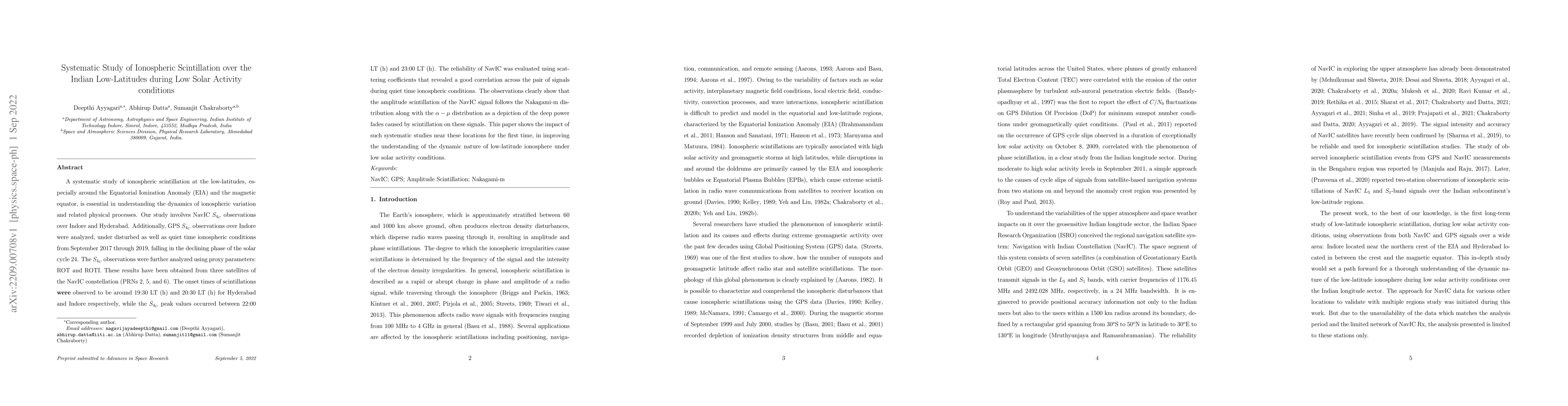 Thumbnail for Systematic study of ionospheric scintillation over the indian
  low-latitudes during low solar activity conditions