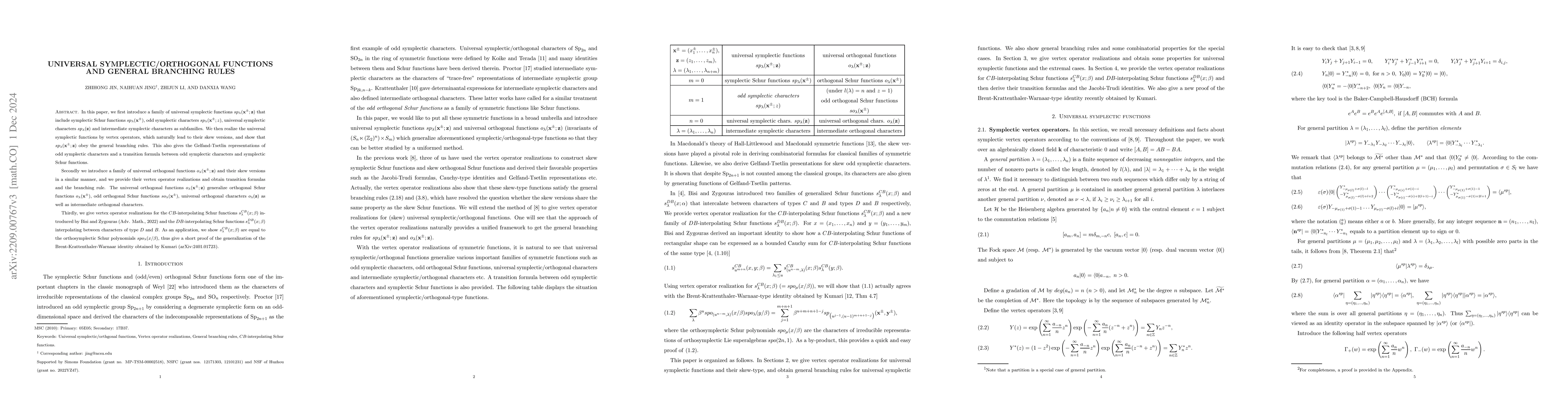 Thumbnail for Universal symplectic/orthogonal functions and general branching rules