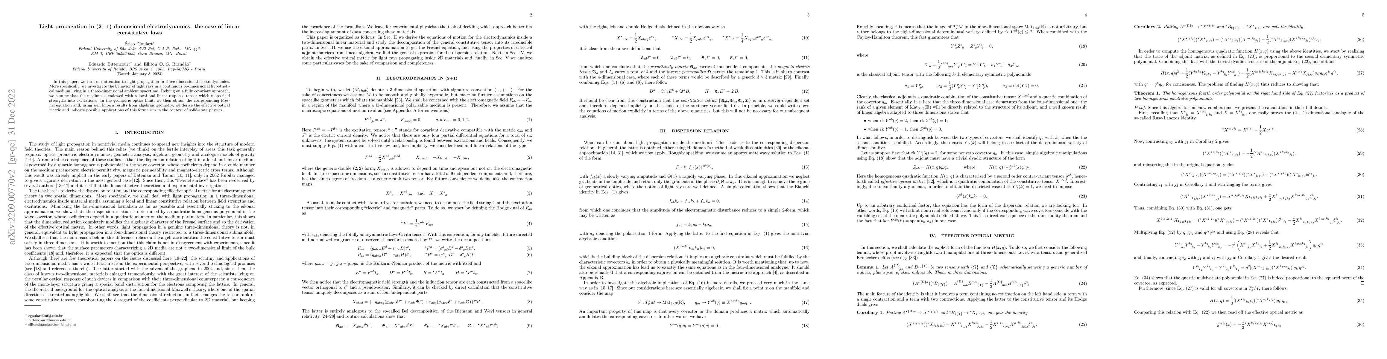 Thumbnail for Light propagation in (2+1)-dimensional electrodynamics: the case of
  linear constitutive laws