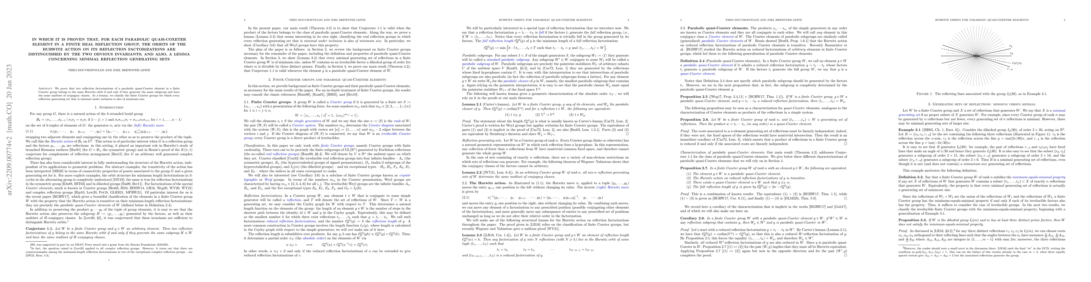 Thumbnail for In which it is proven that, for each parabolic quasi-Coxeter element in
  a finite real reflection group, the orbits of the Hurwitz action on its
  reflection factorizations are distinguished by the two obvious invariants