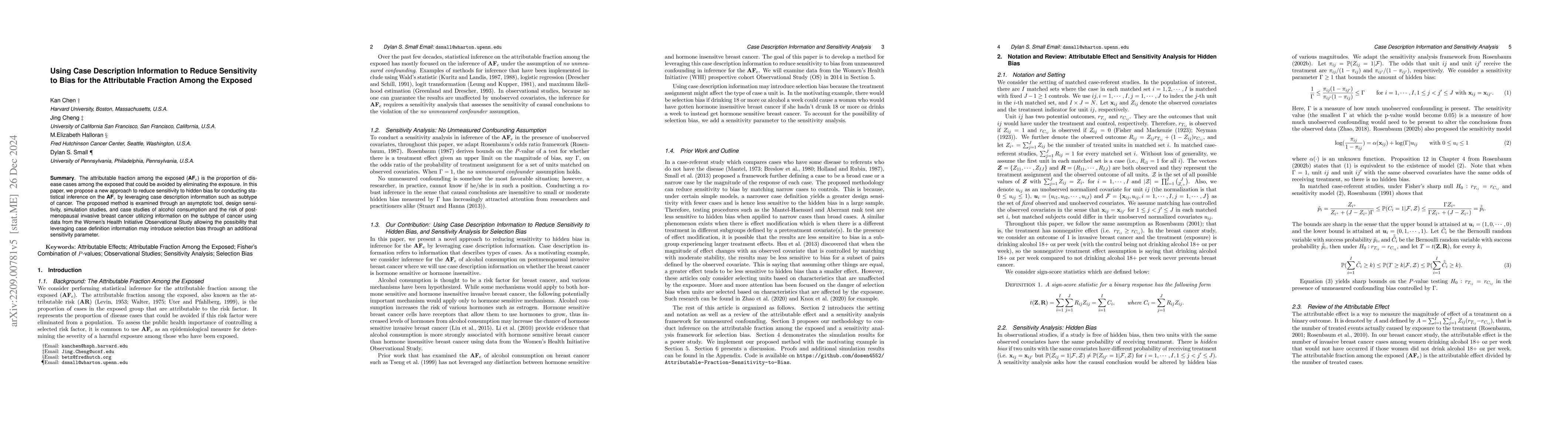 Thumbnail for Using Case Description Information to Reduce Sensitivity to Bias for the
  Attributable Fraction Among the Exposed